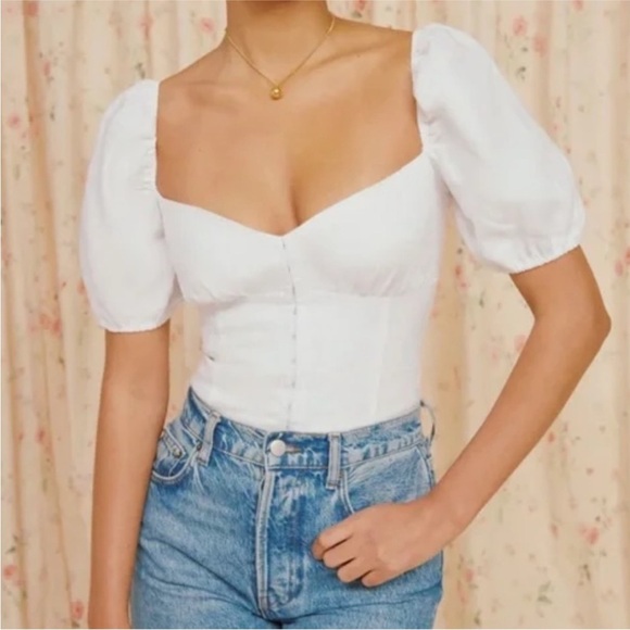 Reformation Rome White 100% Linen Puff Sleeve Smocked Cropped Peasant Top 12 - Picture 10 of 16